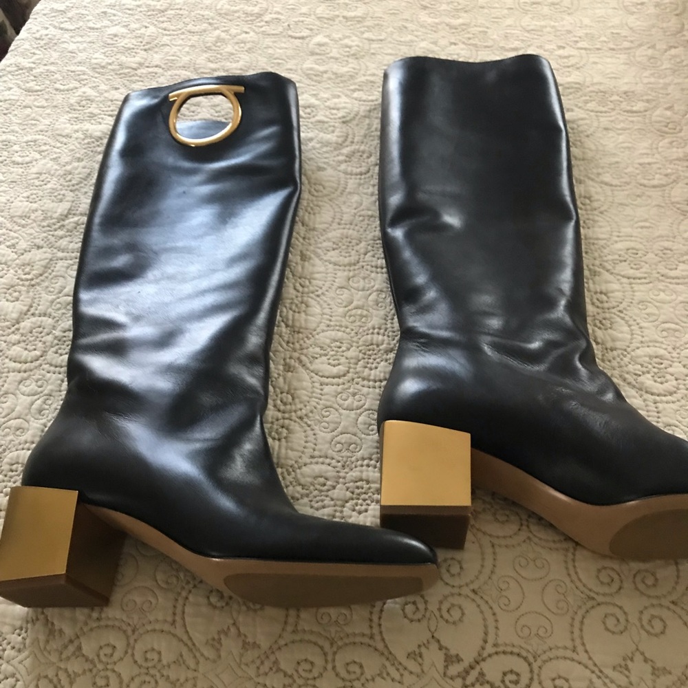 Ferragamo black boots with gold heels and accents